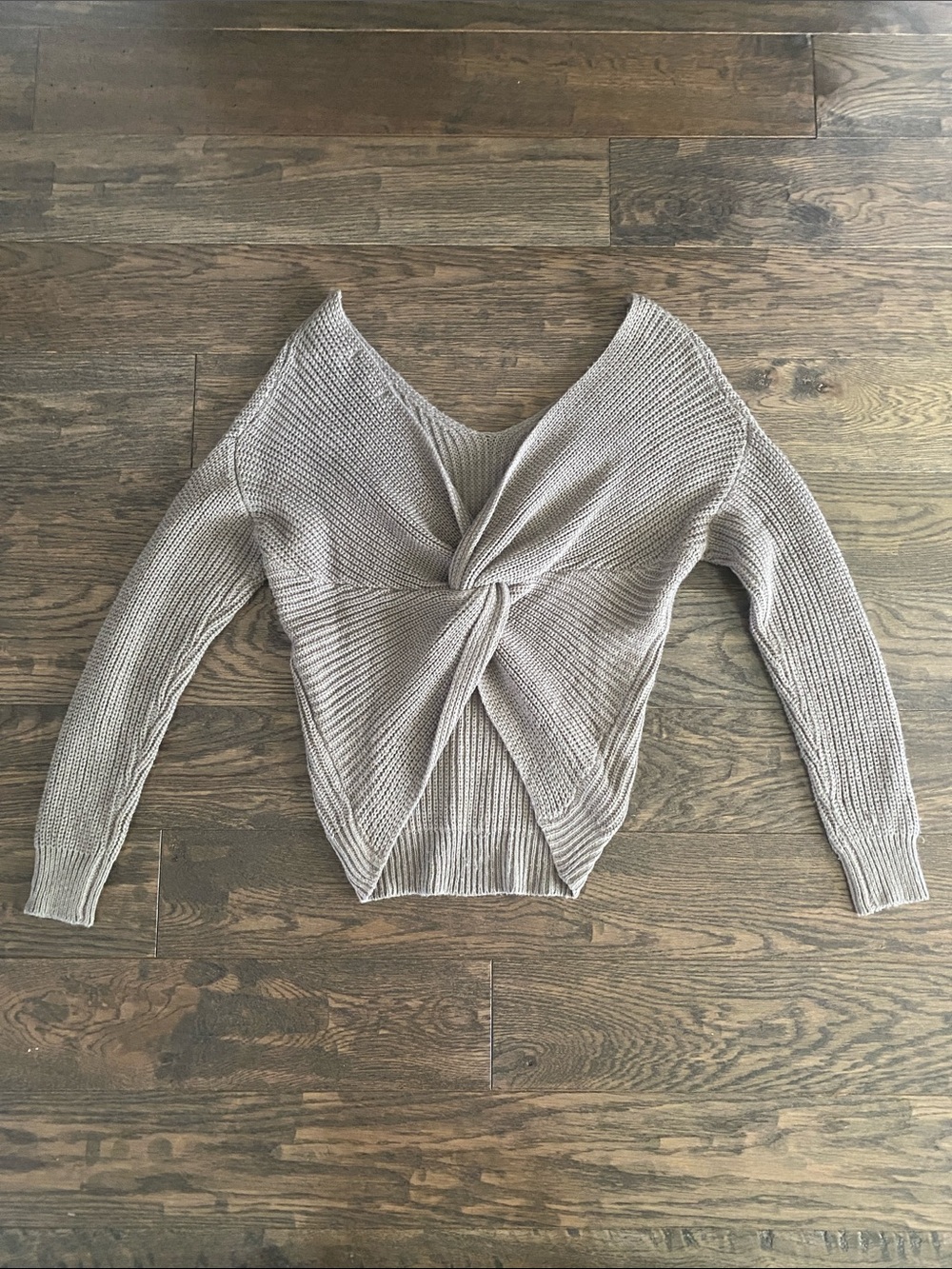 Love Tree Off-the-Shoulder Twist-Back Sweater in Taupe